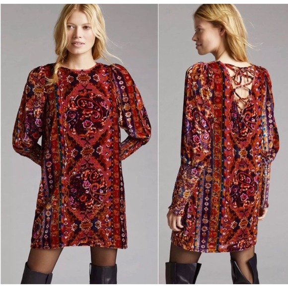Anthropologie Velvet Shift Mini Dress Sz 4P Paisley Lace Up Back Long Sleeve - Picture 1 of 13